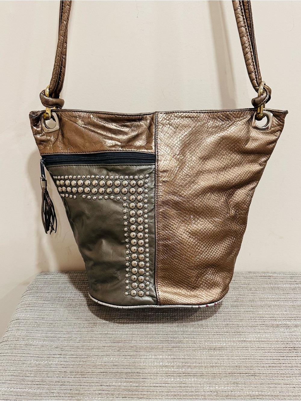 Bronze Metallic Studded Leather Hobo Shoulder Bag Tassel Made in USA